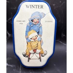 Vintage Good Housekeeping Winter Tin Kids on Sled Replica from 1990 Kitsch Decor